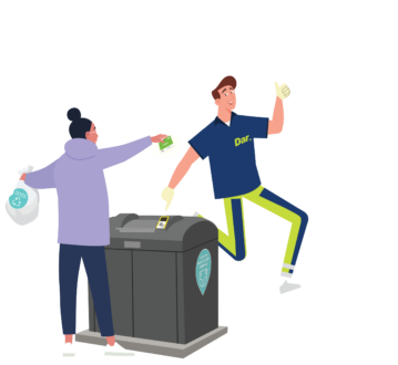 Winston helpt een bewoner de luierzak op de goede manier en met gebruik van de afvalpas in de luiercontainer te doen