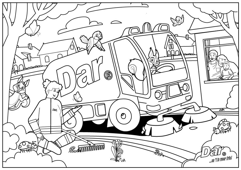 medewerker groen op kleurplaat met bladblazer en veegmachine