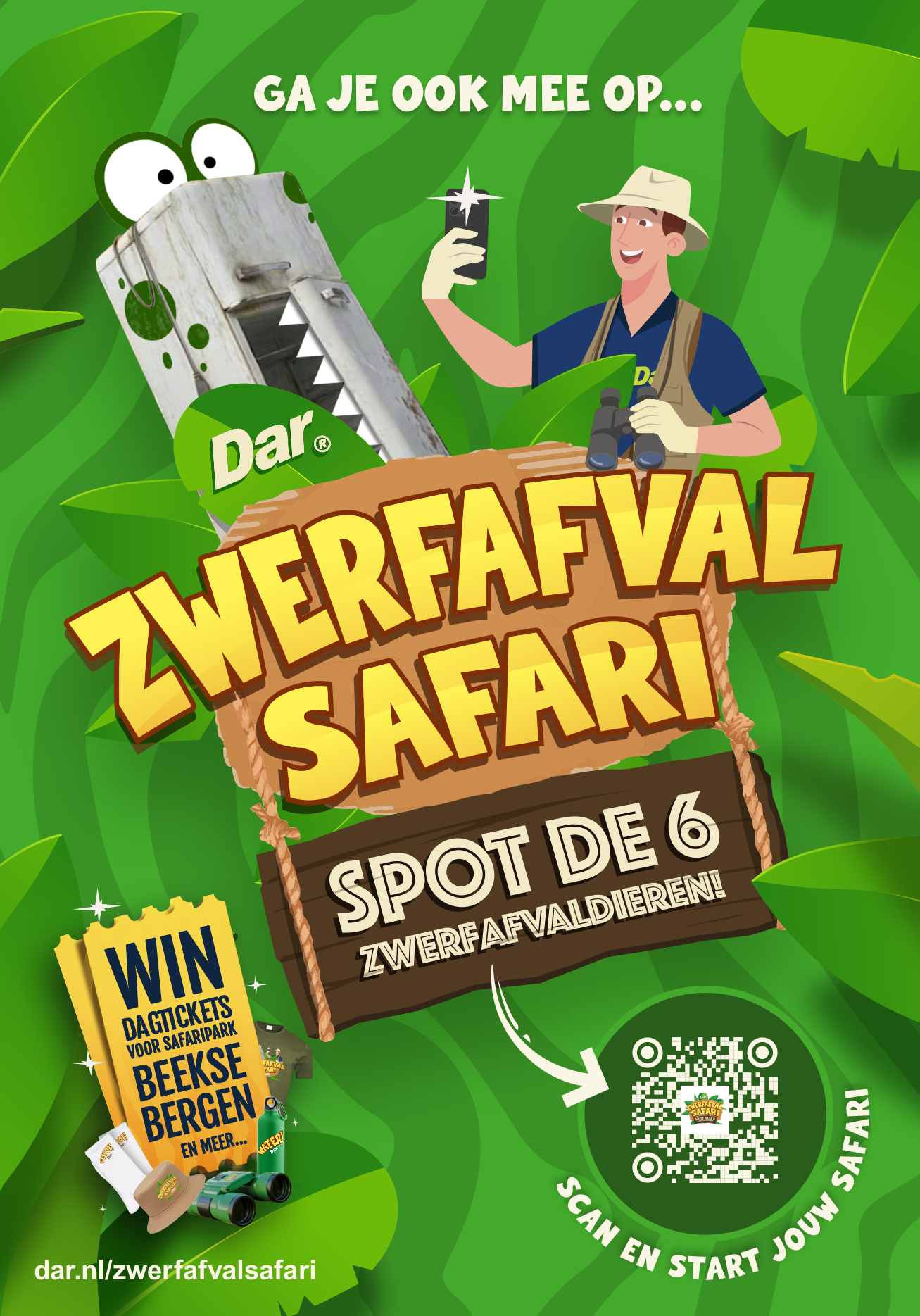 Campagnebeeld van de Zwerfafvalsafari in Nijmegen met opvallende dierenfiguren gemaakt van zwerfafval.